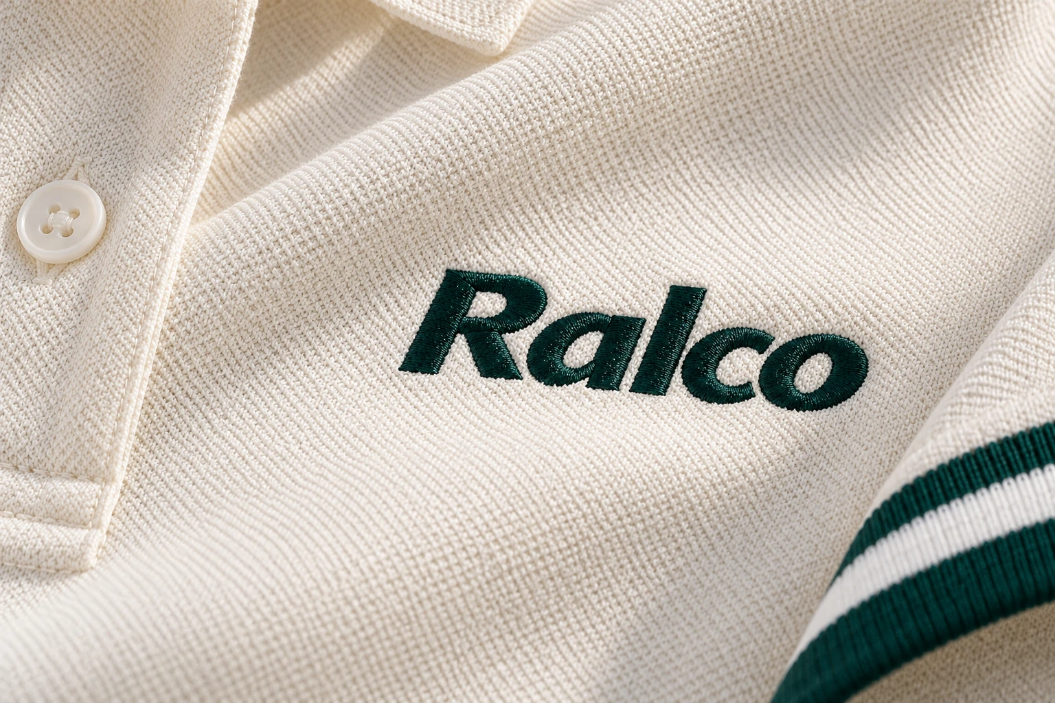 Close-up of Ralco embroidery and green striped detailing on ivory fabric