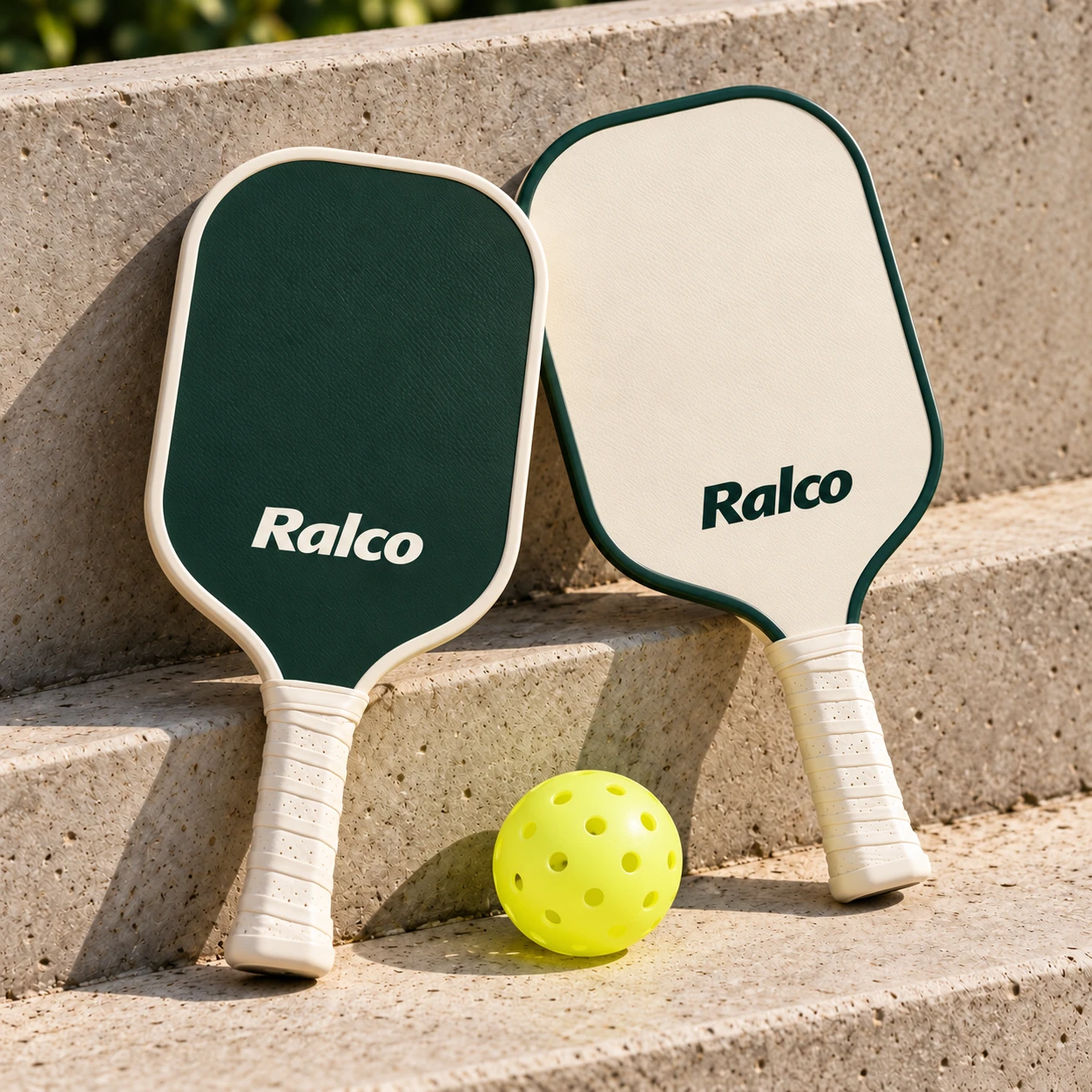 Forest and ivory Ralco paddles on stone steps