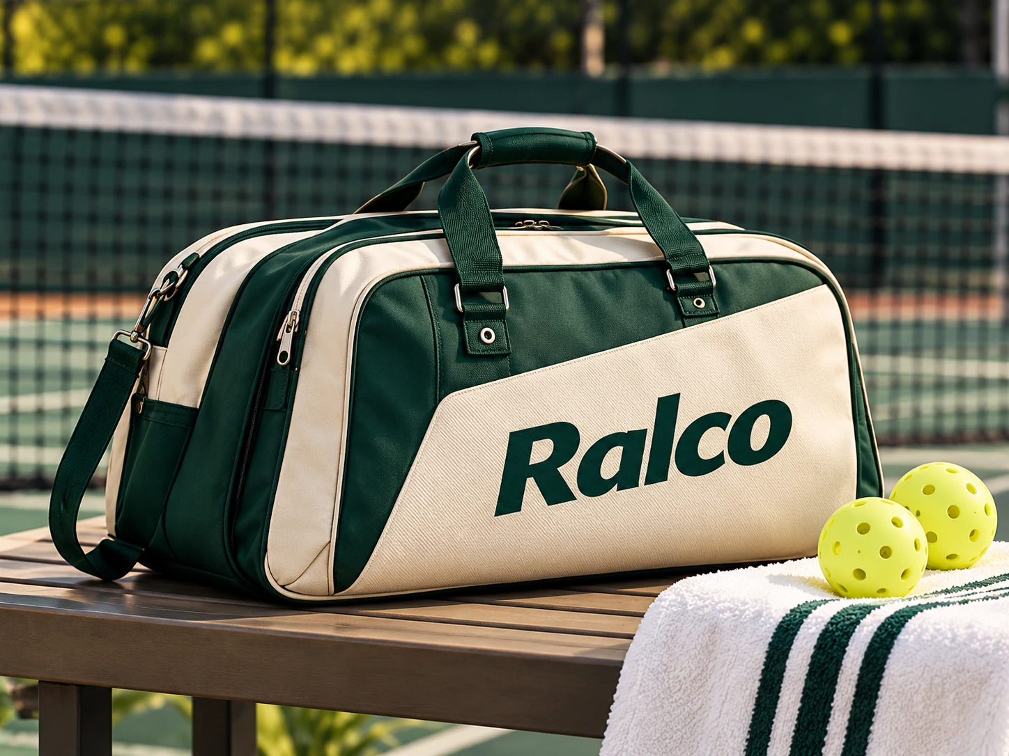 Ivory and green Ralco equipment bag