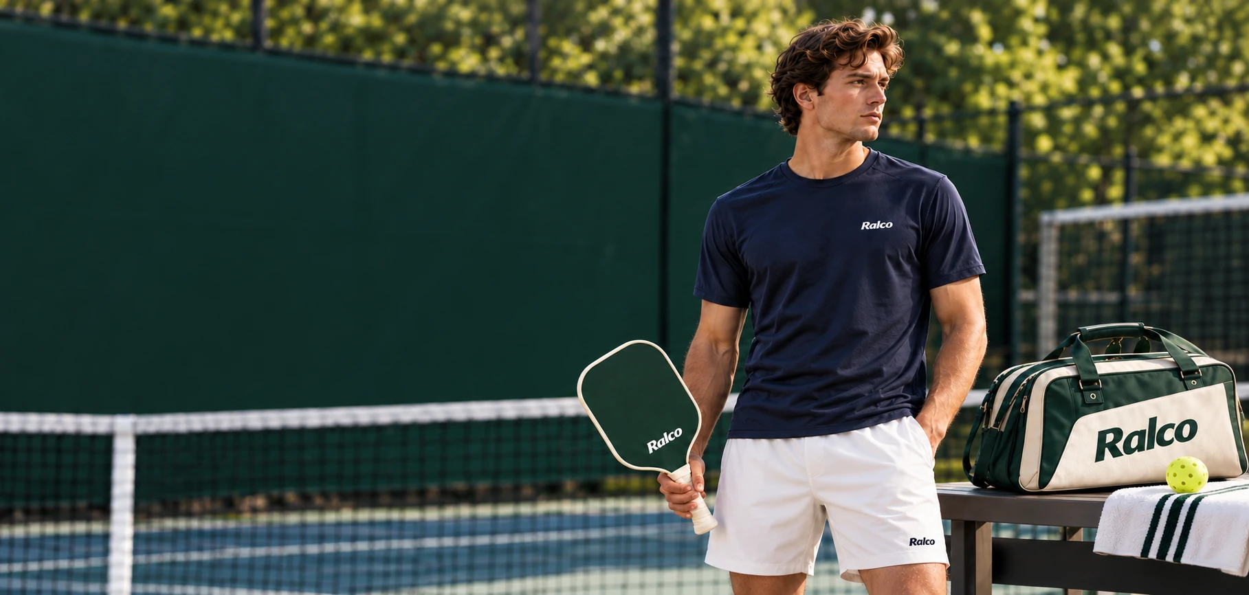 Male Ralco player in a navy training tee holding a pickleball paddle courtside
